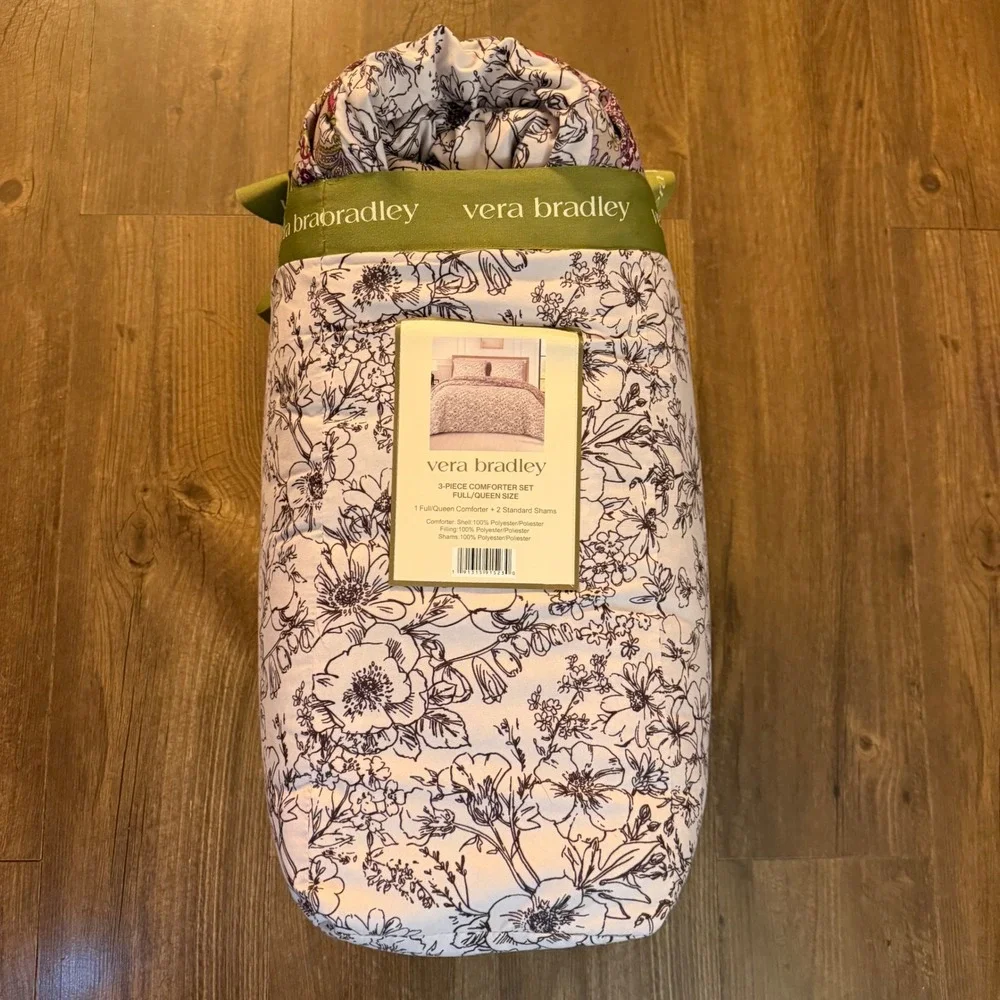 Vera Bradley Comforter Set Full Queen White Black Purple Floral Reversible 3pc